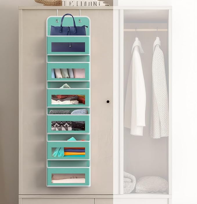 Simple Houseware 6 Clear Window Pocket Over Closet Door Storage Hanging Organizer for Bedroom, Bathroom, Pantry, Turquoise