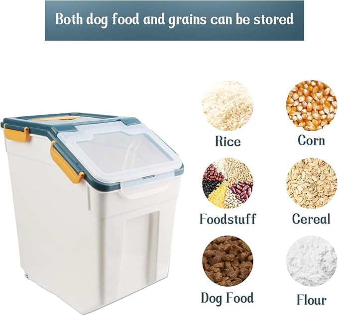 YXQ 50LB Large Flour Storage Container Bin,2 Pack Airtight Plastic with Wheels Seal Locking Lid Dispenser Organizer Bin with Measuring Cup & Scoop for Flour, Rice, Grain 100LBS Total Capacity(Blue)