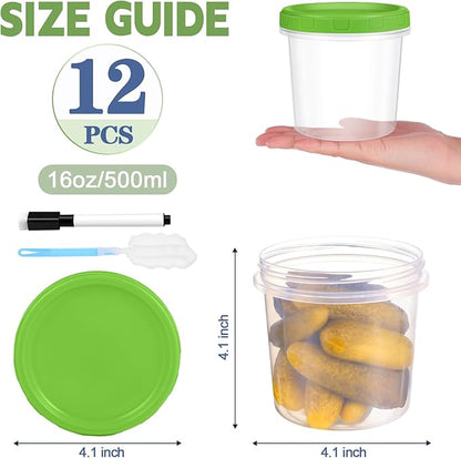 16 oz Plastic Deli Containers with Lids, 12 Pack Stackable Small Freezer Container, Reusable 2 Cup Food Storage Containers with Pen and Brush, Microwave & Dishwasher Safe, BPA Free