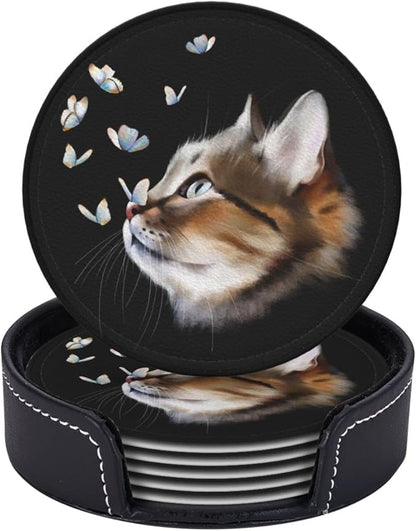 6 Pcs Portrait Cat with Butterflies Leather Coasters
