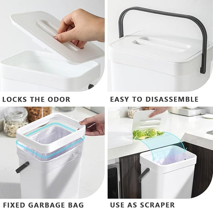 Kitchen Compost Bin Indoor for Counter Top,Hanging Small Trash Can with Lid,Food Waste Bin,Mountable Compost Busket 1.3 Gal/5 L Series,White