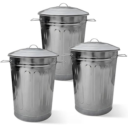 Plexon Round Trash Can 13 Gallon, Vintage Metal Outdoor Trash Can with Lid, Retro Farmhouse Garbage Container, Old School Modern Ash Bucket, Galvanized Steel 3 Pack