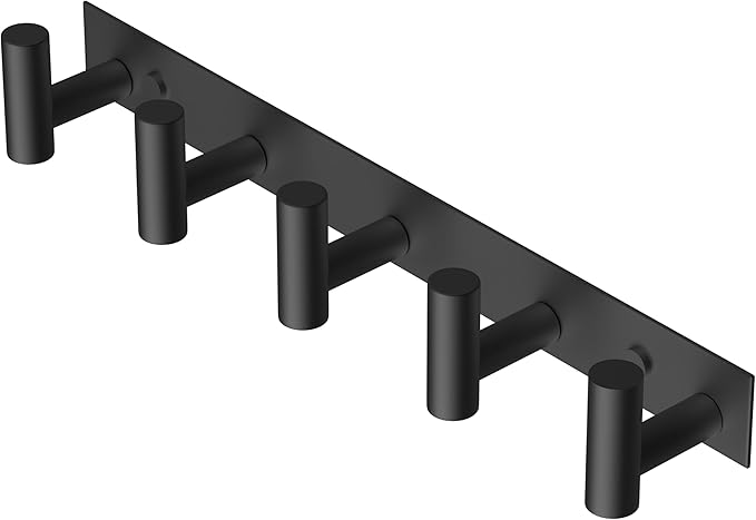 PMMASTO Coat Rack Wall Mounted, 5 "T Shaped Wall Hooks for Hanging, Heavy Duty Stainless Steel Coat Hook Rail for Hat Towel Robes in Bathroom Kitchen Mudroom Entryway (Black, 1 Pack)