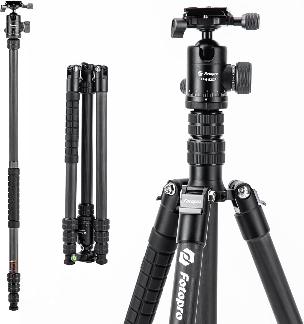 Fotopro 73" Carbon Fiber Tripod for Camera, Compact Travel Tripod with Ball Head, Detachable Monopod with Quick Release Plate and Camera Bag, Load up to 22lbs/10KG
