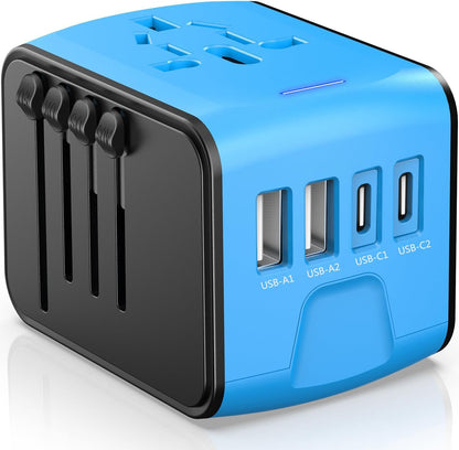 JMFONE Universal Travel Plug Adapter, International Power Adapter with 2 USB-C & 2 USB-A Ports and Multi AC Sockets, 5-in-1 Worldwide Travel Outlet Charger Adapter for EU US UK AU 200+ Multi Countries