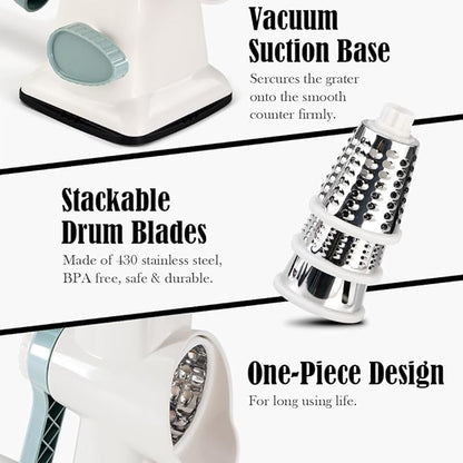 Cheese Grater Hand Crank Rotating Cheese Shredder Stainless Steel Vegetable Slicer Grater for Kitchen 3 Blades for Cheese, Carrot, Cucumber, Nuts, Chocolate, White