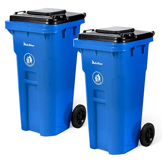 32 Gallon Trash Can Outdoor Recycling Bin with Lid and Wheels Heavy Duty Rolling Garbage Can with Lid Blue Recycle Bin with Wheels for Warehouses Hospitals Restaurants, Pack of 2