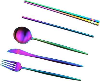 Gugrida Luxury Rainbow Matte Portable 18/10 Stainless Steel Travel Flatware Sets of 7 Portable Camping Cutlery Set, Healthy & Eco-Friendly Flatware Set with Carrying Case for Travel or Camping