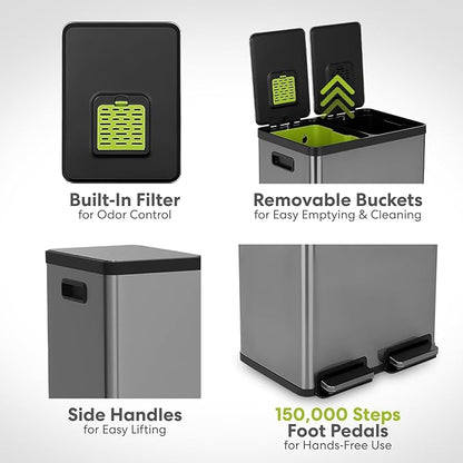 SIMPLI-MAGIC 16 Gallon (60L) Elegant Black Step Trash Can – Dual Compartment Kitchen Garbage Can with Waste & Recycling Bins – Slow-Close Lid, Odor Control, Hands-Free, Premium Stainless Steel