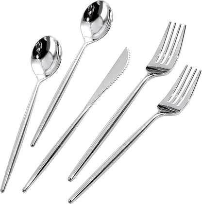 Rubtlamp 180 Pcs Silver Plastic Silverware, Silver Utensils Heavy Duty, Elegant Plastic Cutlery, Fancy Disposable Flatware, Forks Spoons and Knives Set For Party Mother's Day