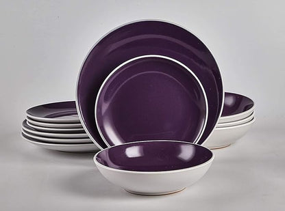 Stoneware Coupe Shape 12pc Dinnerware Set, Outside White + Inside Purple