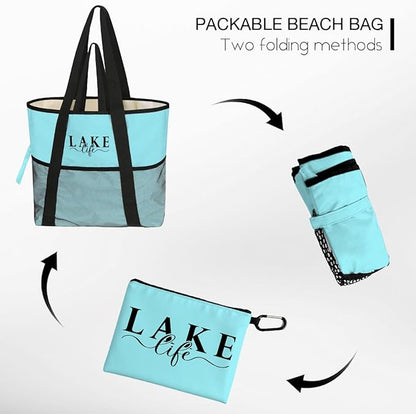 Sandproof Beach Bag with Zipper - 8-Pocket Waterproof Tote for Women & Family | Foldable Travel Swim Bag (Gift-Ready)