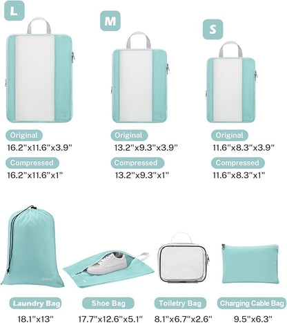 Gonex 8 Set Compression Packing Cubes for Travel, Expandable Mesh Packing Organizer for Travel Accessories Essentials with Toiletry Bag, Laundry Shoe Cable Bag for Suitcases, Grey Blue-green