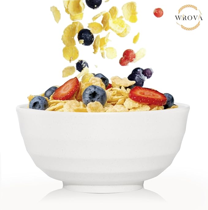Wrova Wheat Straw Bowls Set 60 OZ, Unbreakable Large White Bowls Set of 6, Microwave and Dishwasher Safe Big Cereal Bowl for Dorm and Apartment, Salad Bowl for Serving Oatmeal and Popcorn (White)