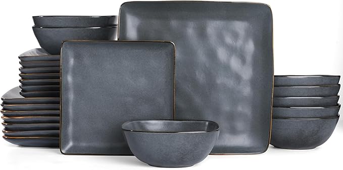 Famiware Dinnerware Sets for 8, Ocean Square 24-Piece Kitchen Plates and Bowls Sets, Microwave and Dishwasher Safe, Scratch Resistant, Matte Black