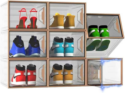 X-Large Stackable Shoe Boxes - Clear Plastic Shoe Storage Boxes with Magnetic Door, Thicken Shoe Organizer for Closet, Space Saving Foldable Shoe Containers Bins for Sneaker Boot - 8 Pack(Brown)