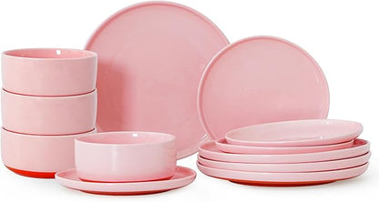 12 Piece Dinnerware Sets for 4, Dual Glaze Stoneware Plates and Bowls Set, Microwave and Dishwasher Safe, Pink