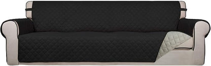 PureFit Reversible Quilted Sofa Cover, Water Resistant Slipcover Furniture Protector, Washable Couch Cover with Non Slip and Elastic Straps for Kids, Dogs, Pets (XX Large, Black/Beige)