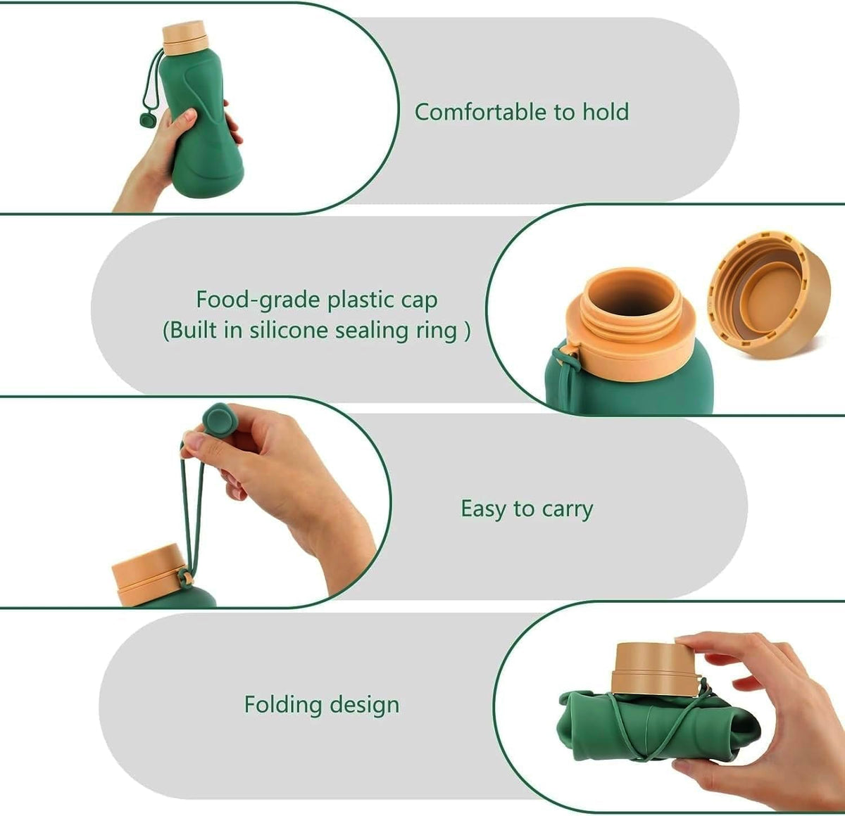 Collapsible Water Bottles,650ml,Leak Proof,Reuseable BPA Free Silicone Foldable Water Bottles,Durable Lightweight for Travel Gym Camping Hiking,Compact Size Portable Sports Water Bottle (Dark Green)