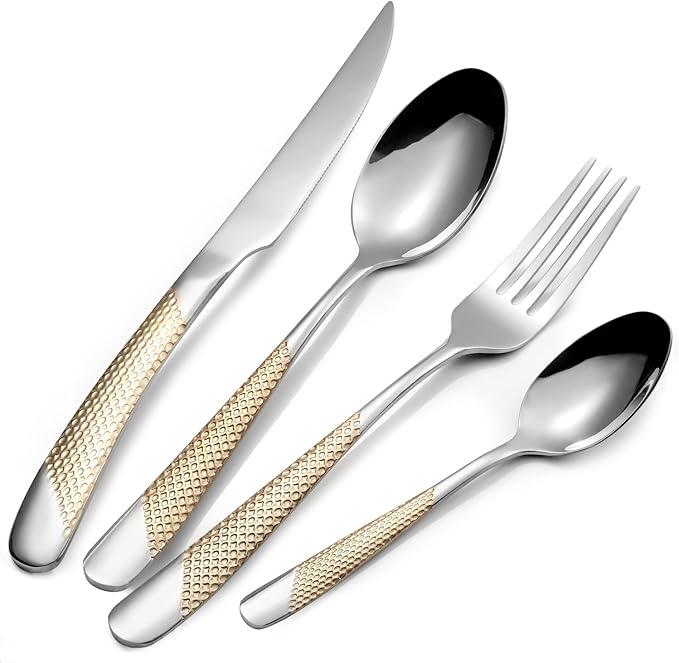 16 Piece Gold Hammered Silverware Set for 4, Premium Food-grade Stainless Steel Flatware Set, Luxury Design & Mirror Polished Cutlery Set, Eating Utensil Set with Fork Knife Spoon, Dishwasher Safe
