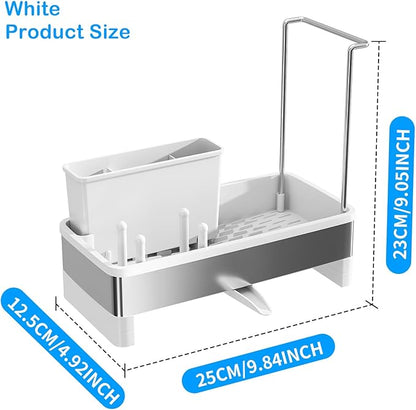 Sponge Holder for Kitchen Sink,Sink Caddy Organizer with Removable Brush Holder,Kitchen Countertop Soap Dispenser Storage with Detachable Towel Rack,White