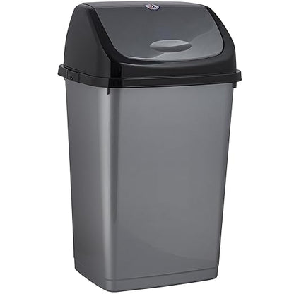 Superio Kitchen Trash Can 13 Gallon with Swing Lid, Plastic Tall Garbage Can Outdoor and Indoor, Large 62 Qt Recycle Bin and Waste Basket for Home, Office, Garage, Patio, Restaraunt (Grey/Black)