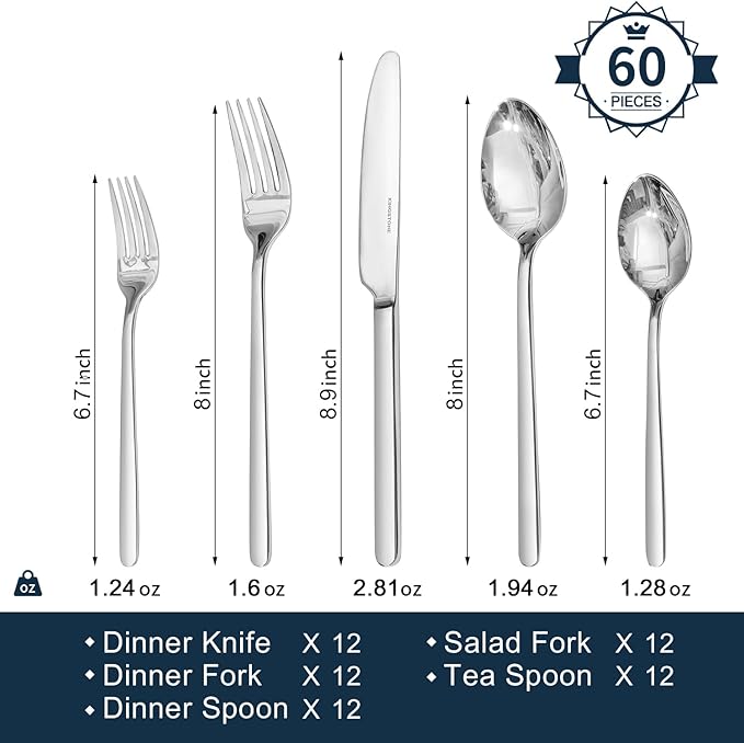 KINGSTONE Silverware Sets, 60 Piece Flatware Set for 12, 18/10 Stainless Steel Cutlery Set Mirror Polished Modern Design Dishwasher Safe