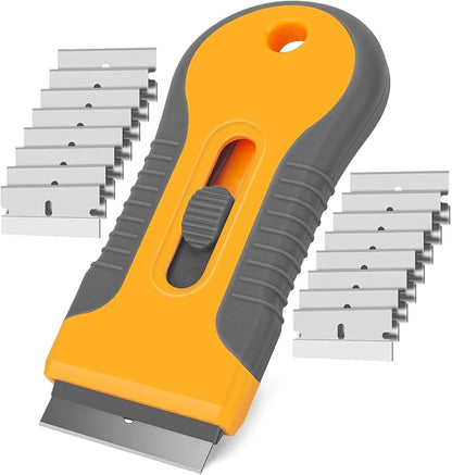 Razor Blade Scraper Tool with 15pcs Extra Blades, Multi-Surface Glass Stove Top Scraper for Paint, Window, Old Label, Decal Sticker, Ceramic Cooktops, Ovens