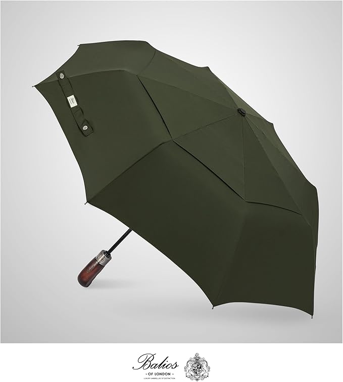 Balios Travel Folding Umbrella with Real Wood Handle Auto Open Close Vented Windproof Canopy - Designed in UK