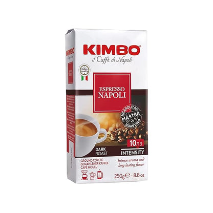 Kimbo Espresso Napoli Ground Coffee | Dark Roast | Intense Aroma & Long Lasting Flavor | 10/13 Intensity | 8.8 oz (250g) Brick