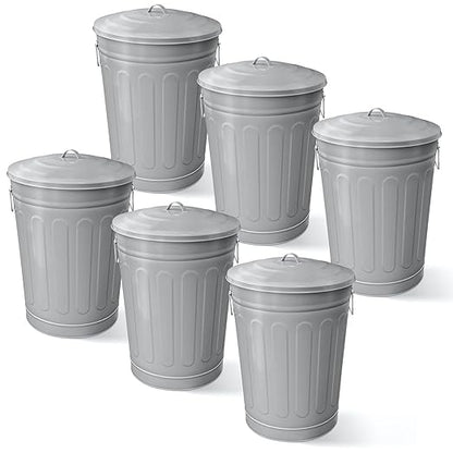 Plexon Round Trash Can 13 Gallon, Vintage Metal Outdoor Trash Can with Lid, Retro Farmhouse Garbage Container, Old School Modern Ash Bucket, Gray 6 Pack