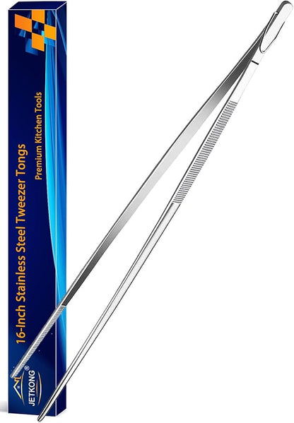 JETKONG 16-Inch Kitchen Tweezers Fine Tweezer Tongs Extra-Long Stainless Steel Cooking Tweezers (Point-Tips)