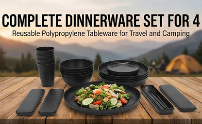 4 Person Dinnerware Set with Cutlery Reusable Plates Bowls for Camping Travel Picnic Dishwasher Microwave Safe Outdoor Tableware Service 4
