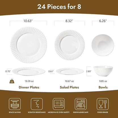 24Pc Rhombus Edge White Bone China Set, Service