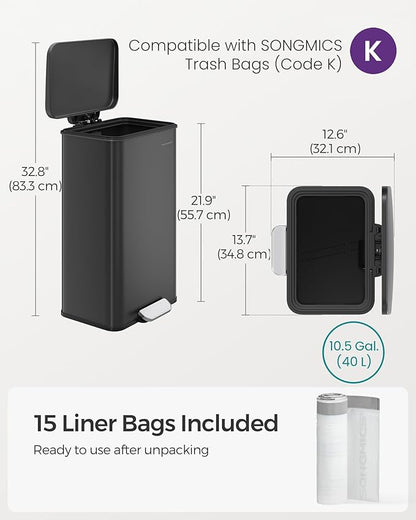 SONGMICS Kitchen Trash Can, 10.5 Gallon (40 L) Garbage Can, Large Step Trash Bin with Lid, Stainless Steel, Soft Close, 15 Trash Bags Included, Black ULTB540B40