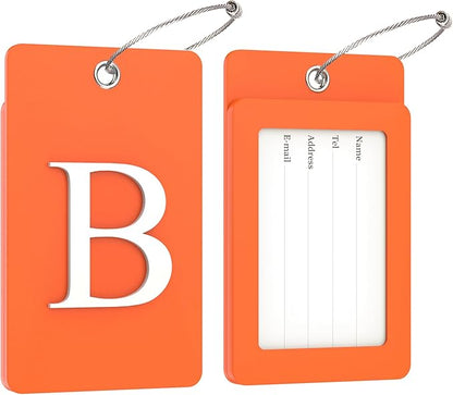 Gostwo 2 Pack Luggage Tags for Suitcases, 26 Initial Letter Travel Luggage Baggage Identification Labels ID Tag Fully Bendable Tags with Stainless Steel Loop (Orange) (Letter B)