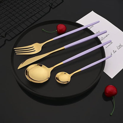 JASHII Flatware Set 24 Piece, Stainless Steel Silverware Set, Macaron Small Fresh Color Cutlery Set, Modern Elegant Tableware Set for Party, Christmas, Dinner (Purple Gold), Service for 6