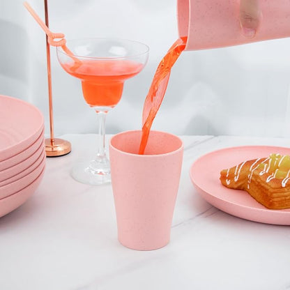 Supernal Pink Wheat Straw Dinnerware Sets,Unbreakable Dishes for 8, Plate and Bowls Sets, Reusable Plates, Microwave Dishwasher Safe Plates,Plastic Dinnerware Set, Pink Plastic Tableware