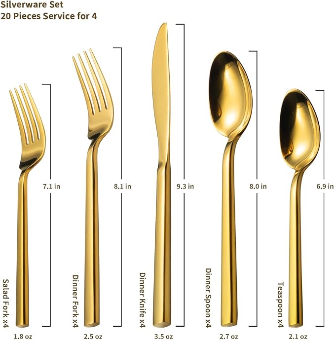 Alata Cube Gold 20-Piece Flatware Set, Forged Cutlery Set, Mirror Finish