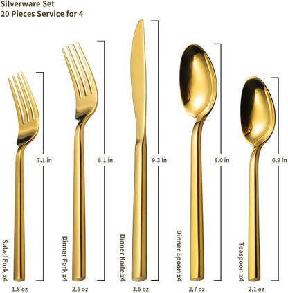 Alata Cube Gold 20-Piece Flatware Set, Forged Cutlery Set, Mirror Finish