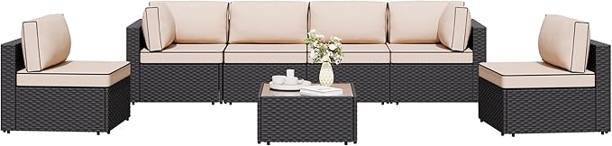 Shintenchi 7 Pieces Outdoor Patio Sectional Sofa Couch, Wicker Furniture