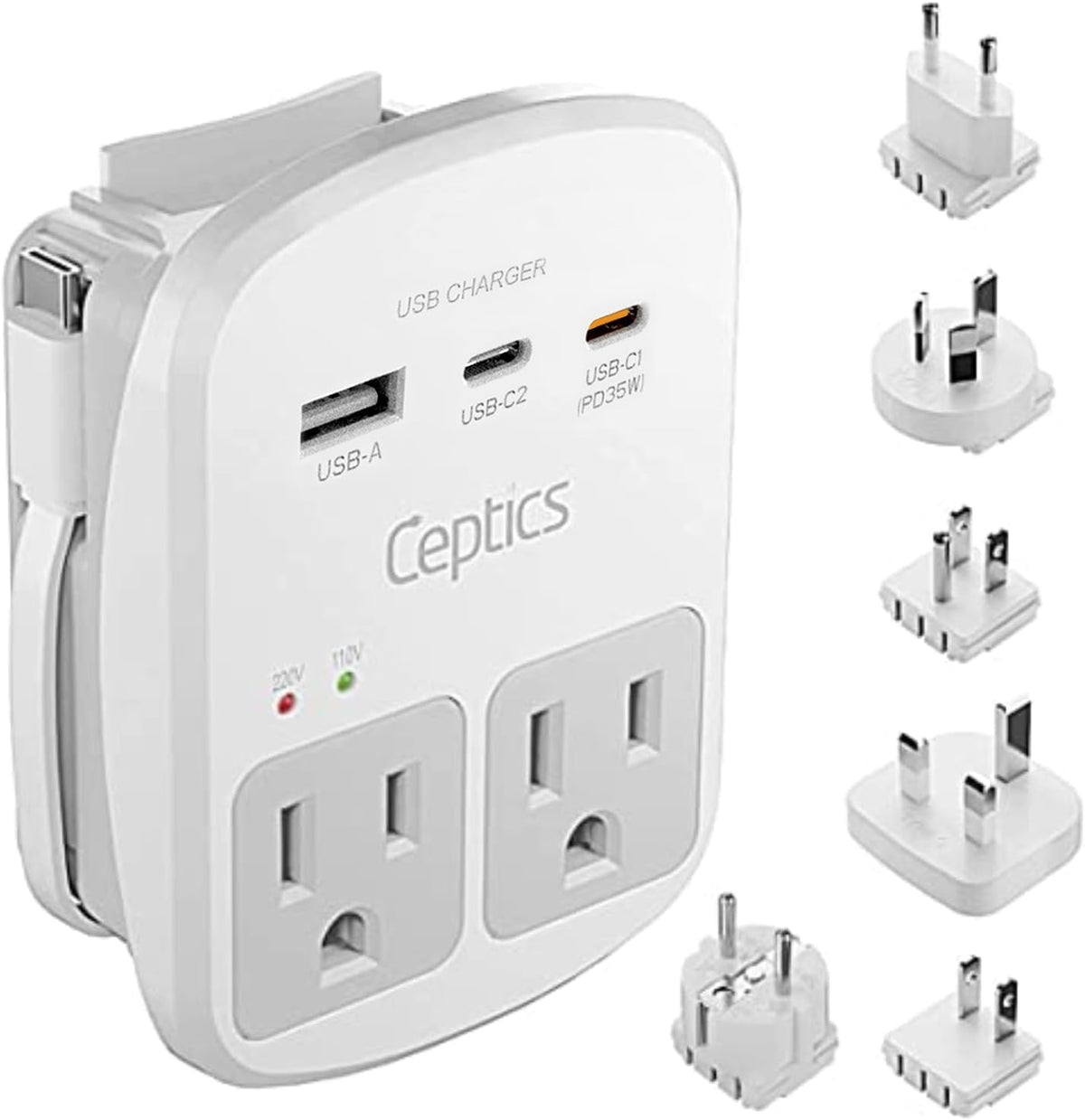 Ceptics Universal Travel Adapter Kit – 2 USA sockets, USB-A, USBC, 1x PD 35W USB-C and USBC Cable, Surge Protected, Plugs for EU, UK, China, AU, Japan - Use with Laptop, Phones, Cameras - ETL Tested