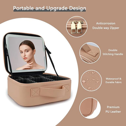Makeup Bag with Led Mirror,Travel Makeup Organizer with 3 Color Setting, Portable Storage and Adjustable Dividers Travel Makeup Bag(khaki)