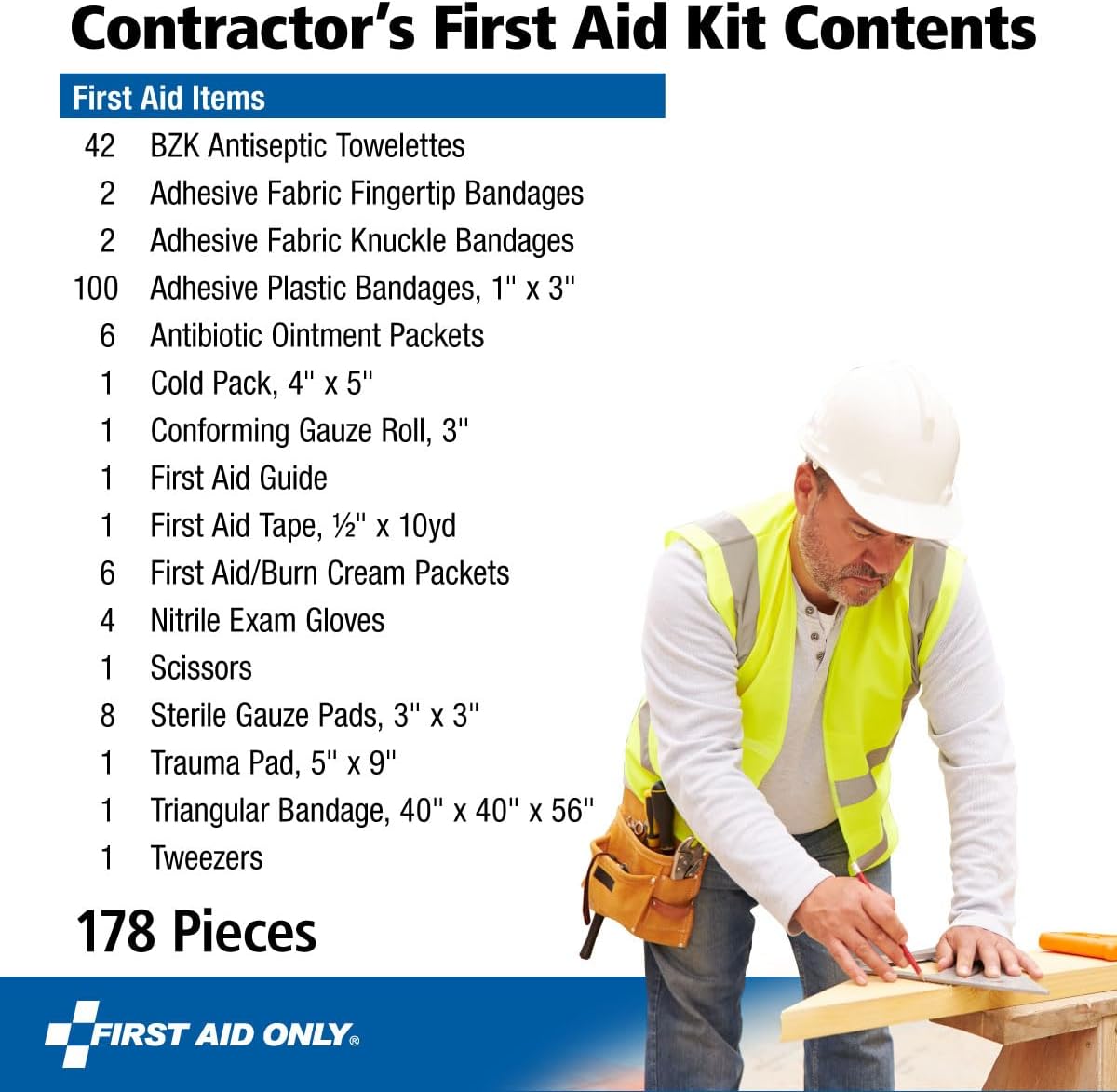 First Aid Only 9302-25M 25-Person Contractor's First Aid Kit for Home Renovation, Job Sites, and Construction Vehicles, 178 Pieces