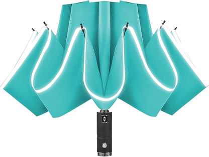 Lejorain Travel Folding Inverted Umbrella - Reverse LED Umbrellas Automatic Open and Close - Reflective Collapsible Reversible Umbrella