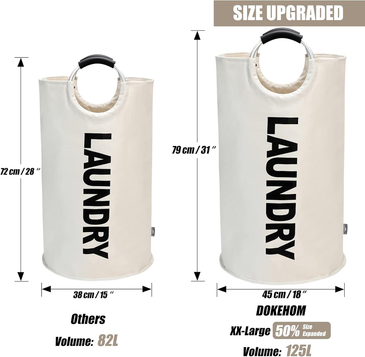 DOKEHOM 125L X-Large Laundry Basket, Collapsible Laundry Bag, Freestanding Tall Clothes Hamper, Foldable Washing Bin (Beige)