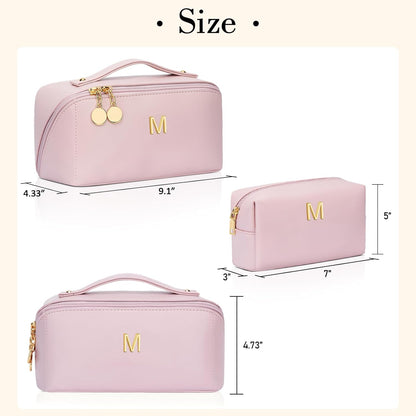 Birthday Gifts for Women Teen Girl, Personalized Initial Makeup Organizer Bag Set, Open Flat Travel Cosmetic Bag With Clear Divider and Handle(Pink,M)