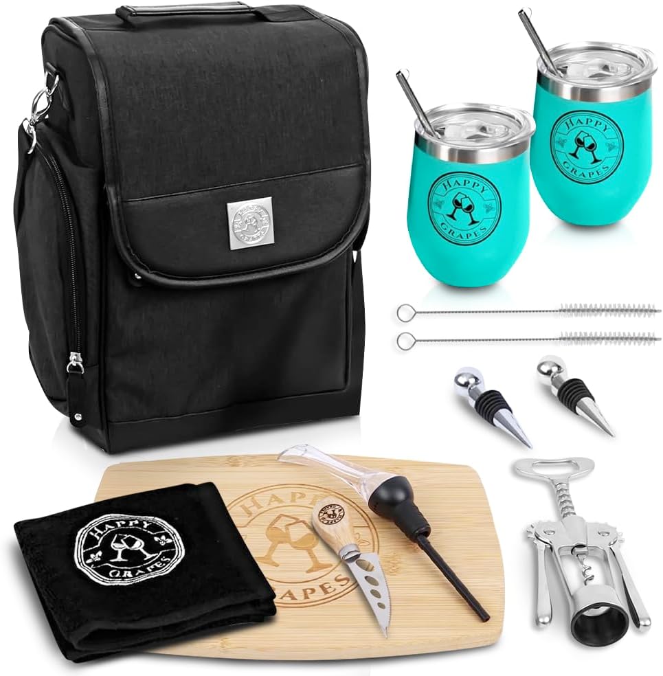 Happy Grapes Wine Tote Bag Set - Insulated Wine Carrier with 2 Stainless Steel Tumblers, Aerator, Charcuterie Board & Knife, Bottle Stoppers, Opener & Wash Cloth - for Picnics Beach Patio Pool Camp t