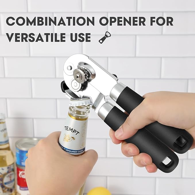 Manual Can Opener, UHIYEE Handheld Can Opener Heavy Duty with High Carbon Sharp Blade, Ease Can Open for Seniors with Comfort Grip Handles, Oversized Turn Knob, Black