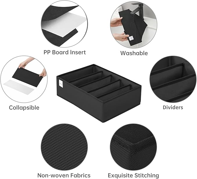 4 Packs T-shirt Drawer Organizers for Clothing,5 Grids Compartment Wardrobe Storage Box, Washable Clothes Organizer for Folded Clothes, T-shirt, Legging, Silk Scarve-Black
